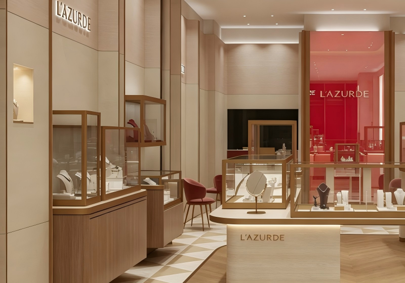 Symmetrical Luxury Jewelry Flagship: Light Wood & Marble Display System with Branded Accents