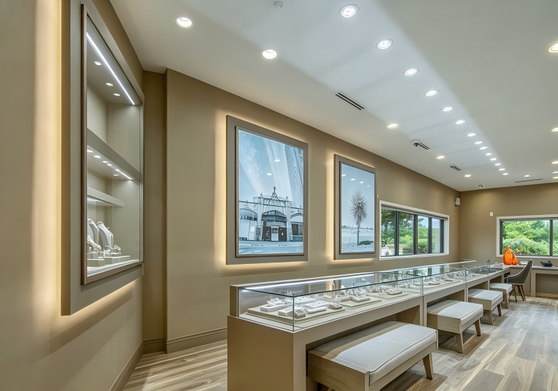 Bright Open-Concept Jewelry Boutique: Linear Display Layout with Integrated Seating