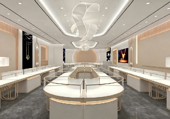 Modern Soft Beige Luxury Jewelry Display Showcase | Full Store Interior Solution