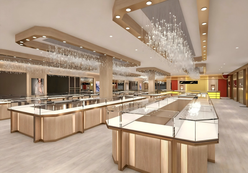 Modern Natural Wood & Crystal Luxury Jewelry Display Showcase | Full Store Interior Solution