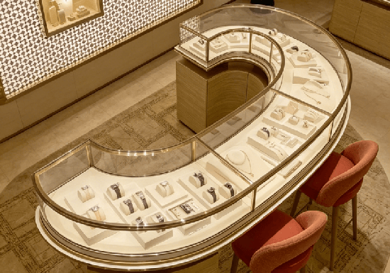 Premium Curved Gold Finish Jewelry Display Counter