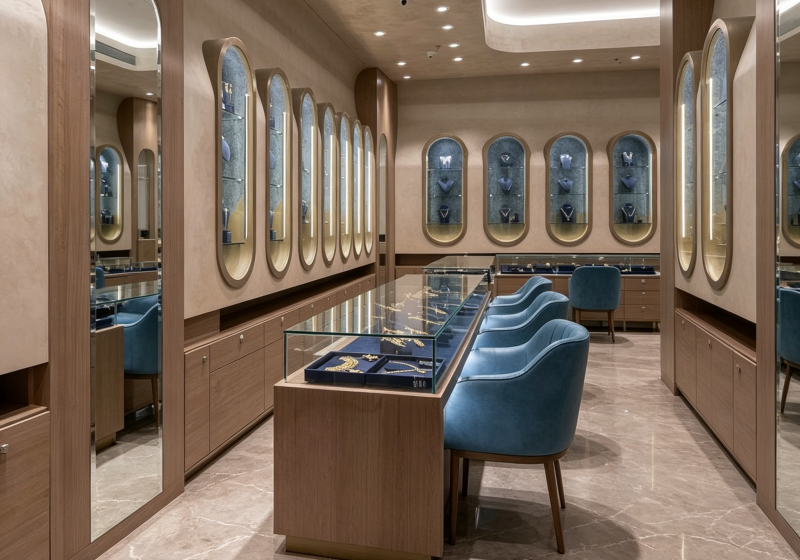 Premium Modern Wood & Blue Velvet Jewelry Display Cabinets