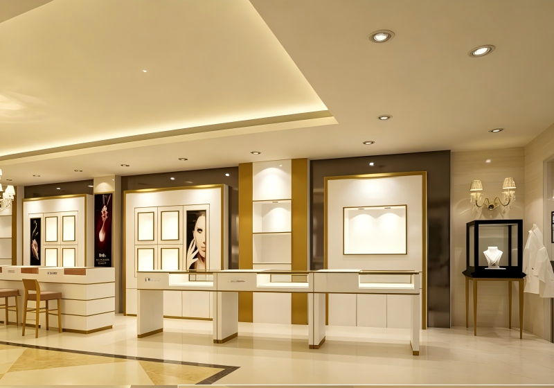 Luxury White & Gold Framed Jewelry Store Display Fixture Set
