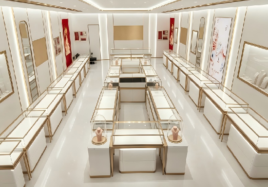Symmetrical White & Gold Full-Set Jewelry Store Display System | Mall Boutique Turnkey Solution