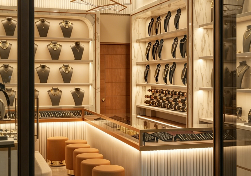 Elegant Marble & Gold-Toned Jewelry Display Cabinets for Modern Boutiques