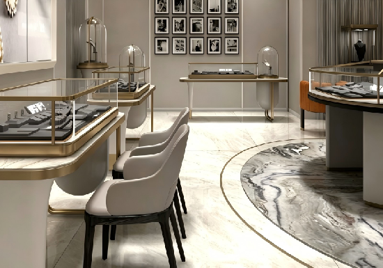 Luxury Curved Marble & Gold Jewelry Boutique Full Display Fixture System