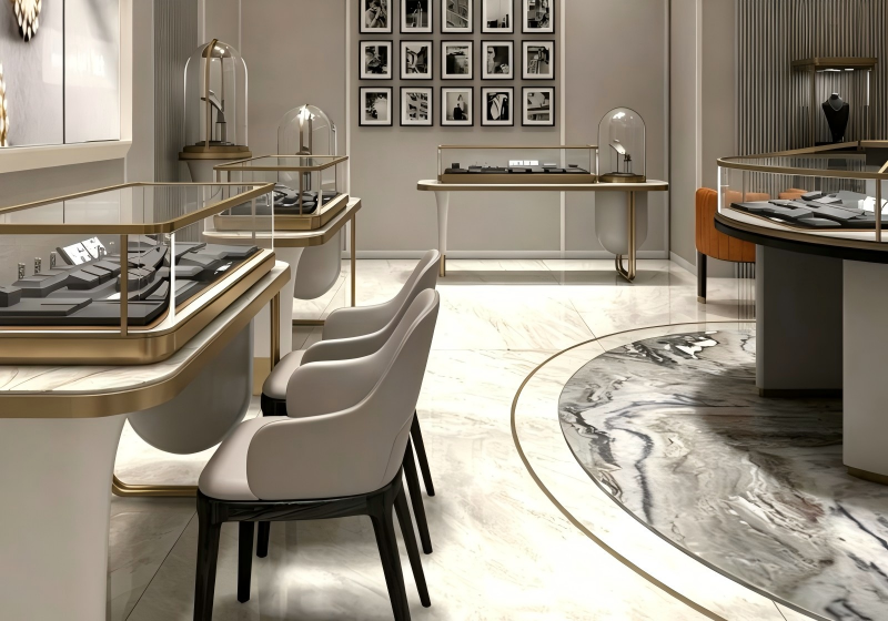 Luxury Curved Marble & Gold Jewelry Boutique Full Display Fixture System