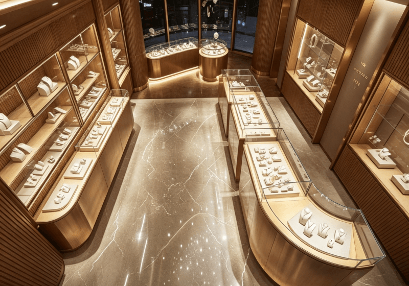 Wood Curved Counter Modern Jewelry Shop Full Display Set