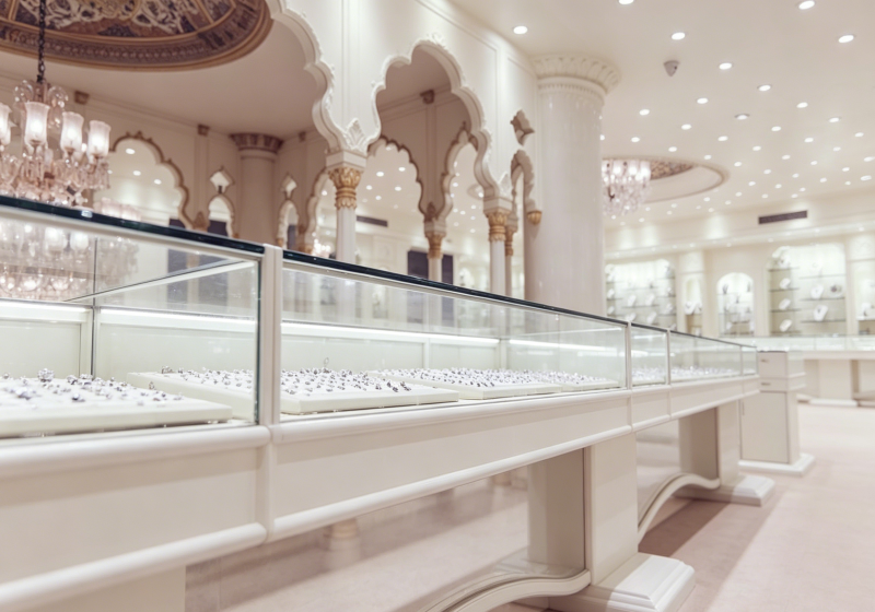 Custom White Palace Luxury Arched Jewelry Display Cabinets