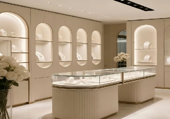 Cream Arch Soft Luxury Jewelry Store Interior | Custom Fluted Display Showcase Set