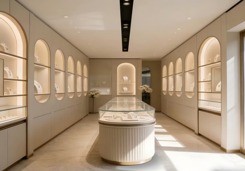 Cream Arch Soft Luxury Jewelry Store Interior | Custom Fluted Display Showcase Set