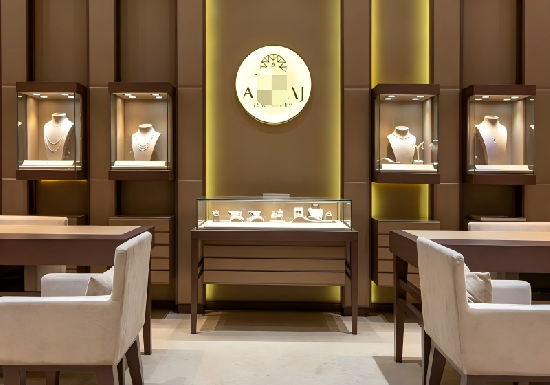 Deep Walnut Wood Neutral Luxury Jewelry Boutique Complete Display Fixture Set