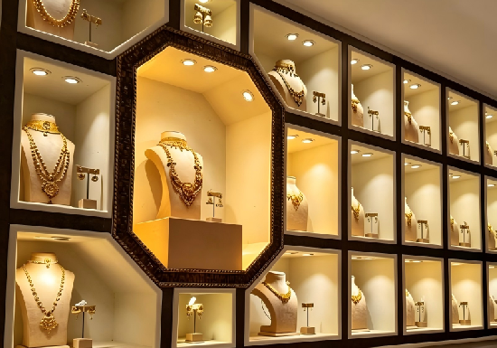 Geometric Recessed Niche Wall Jewelry Display Cabinet System for Gold Jewelry Stores