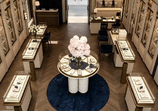 Modern Luxury Cream & Gold Full-Set Jewelry Store Display Fixture Solution