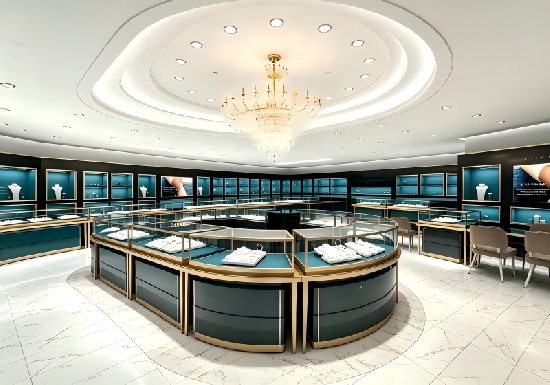 Luxury Teal & Gold Full-Set Jewelry Store Interior Design – Upgrade Your High-End Jewelry Retail Space