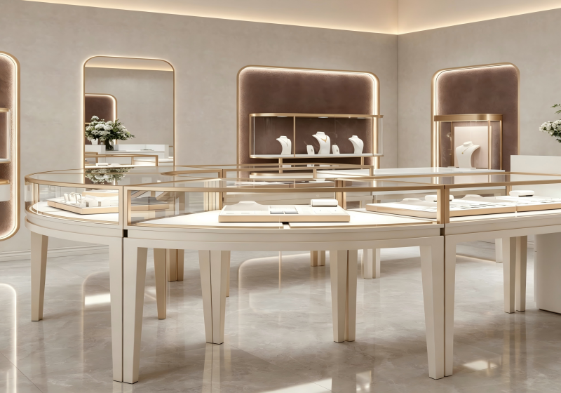 Premium Cream Champagne Gold Curved Jewelry Showcase Collection