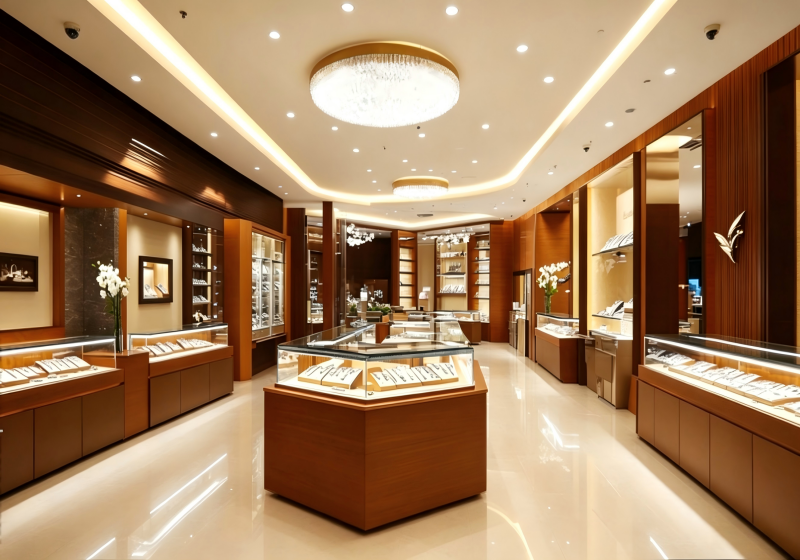 Warm Walnut Symmetrical Luxury Jewelry Boutique Interior