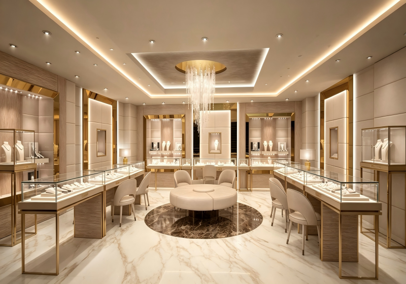 Luxury Cream Gold Jewelry Store Interior Design | One-Stop High-End Boutique Showroom Solution