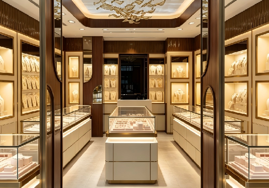 Dark Walnut & Gold Arched Jewelry Boutique Complete Display Fixture System