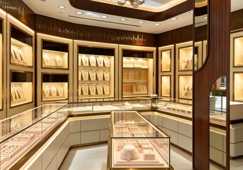Dark Walnut & Gold Arched Jewelry Boutique Complete Display Fixture System