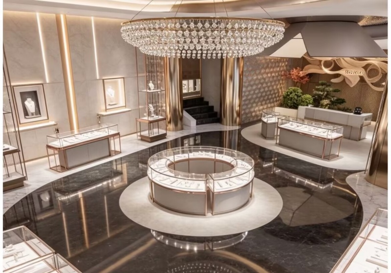 Luxury Curved Rose Gold Jewelry Display Counters