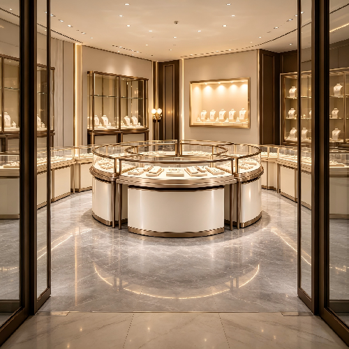 Circular Curved Gold White Luxury Jewelry Store Interior & Custom Display Cabinets
