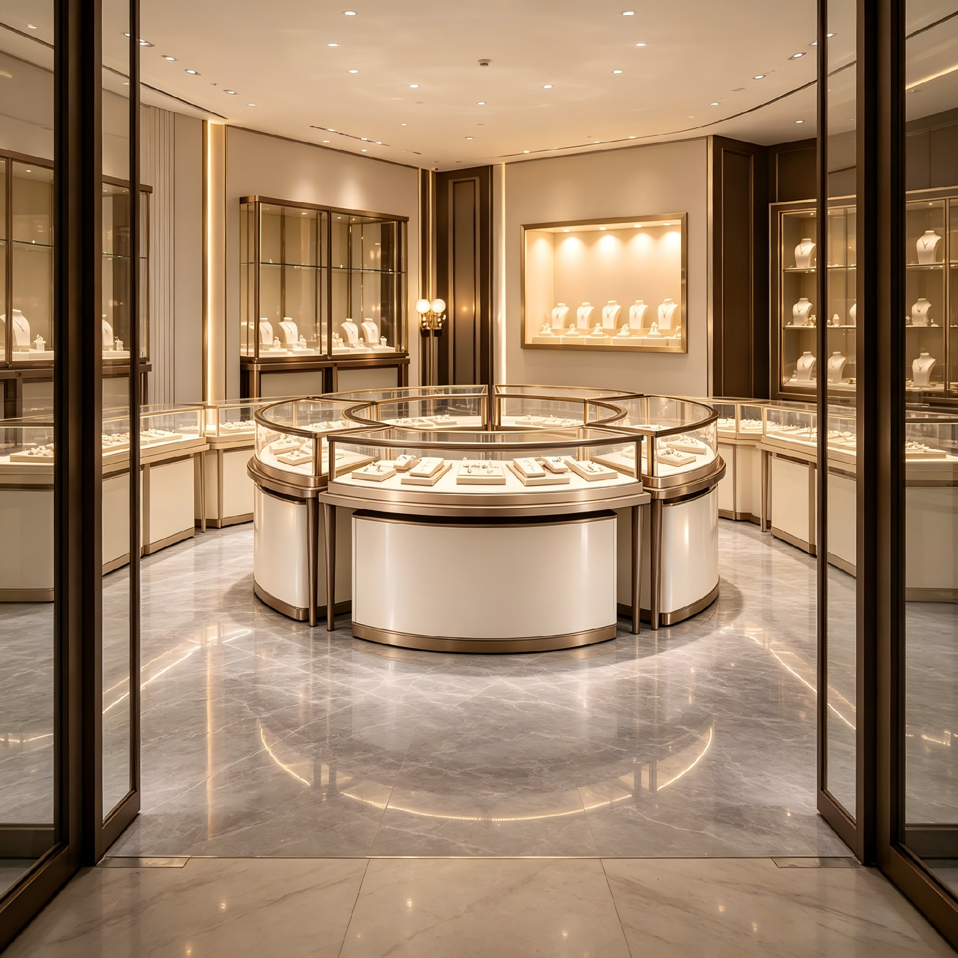 Circular Curved Gold White Luxury Jewelry Store Interior & Custom Display Cabinets