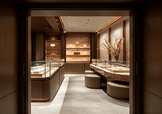 Curved Wood Marble Jewelry Display Counters | Premium Boutique Shop Interior Fixtures Design Concept