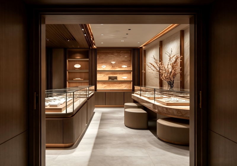 Curved Wood Marble Jewelry Display Counters | Premium Boutique Shop Interior Fixtures Design Concept