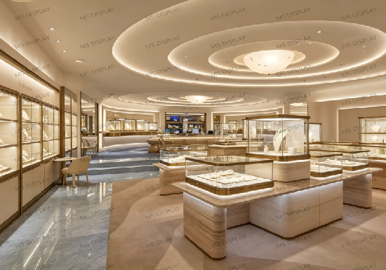 Travertine Luxury Jewelry Display Counters | Grand High-End Jewelry Boutique Fixtures Design Concept
