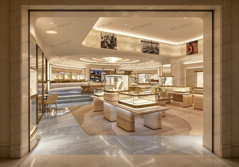 Travertine Luxury Jewelry Display Counters | Grand High-End Jewelry Boutique Fixtures Design Concept