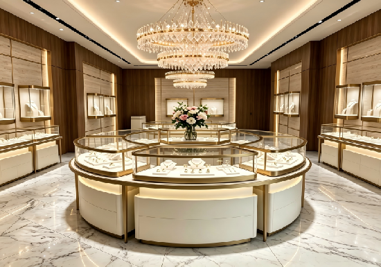 Circular Curved Gold Frame Jewelry Display Counters | Luxury Boutique Central Island Showcase