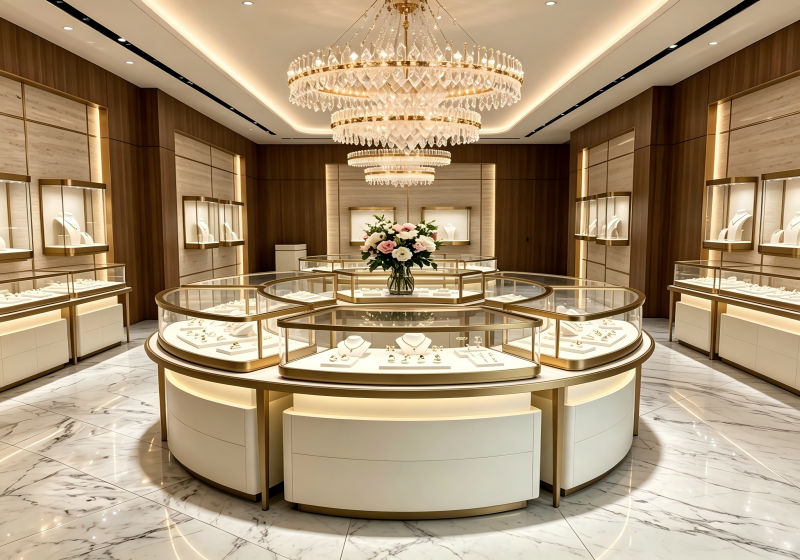 Circular Curved Gold Frame Jewelry Display Counters | Luxury Boutique Central Island Showcase