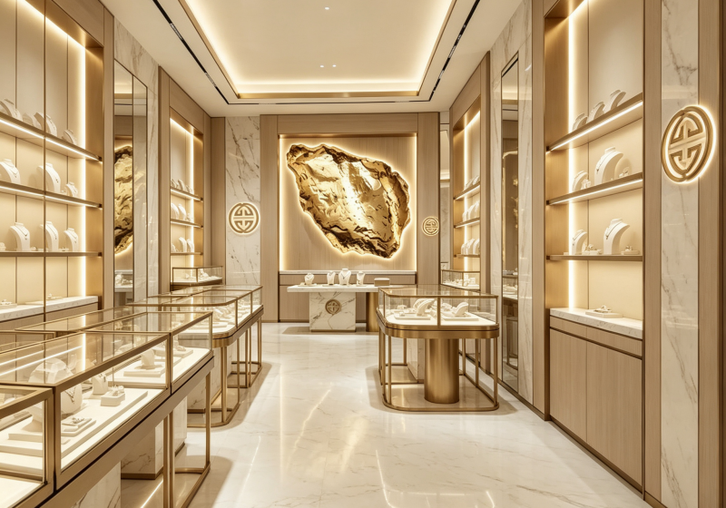 Modern Oriental Gold Jewelry Boutique Complete Display Fixture Collection