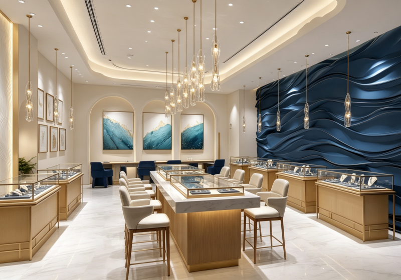 Ocean-Inspired Blue & Gold Art Jewelry Boutique Complete Display Fixture Collection