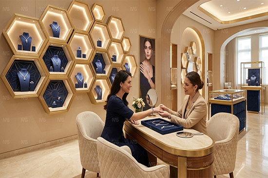 How a Champagne Gold Hexagonal Feature Wall Becomes the Highlight of a Jewelry Store