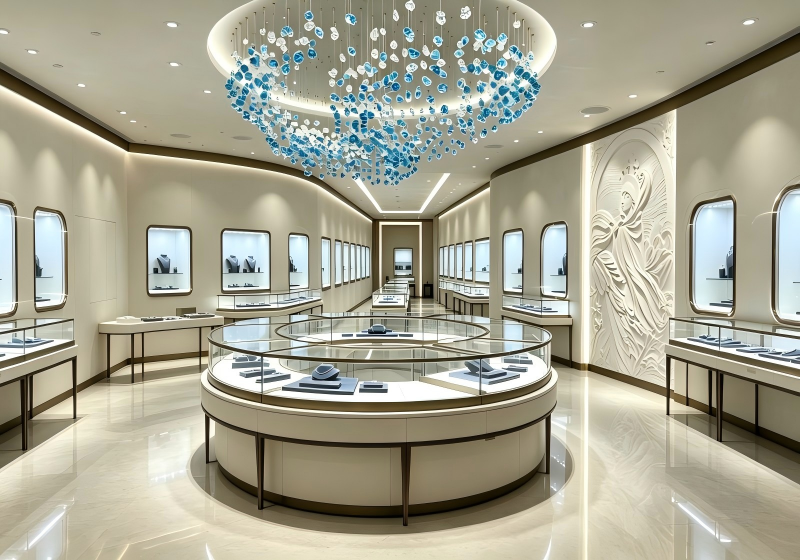 Luxury Round & Curved Glass Jewelry Boutique Display Furniture