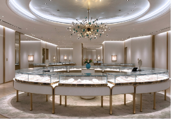Modern Luxury Jewelry Showroom & Custom Connected Curved Jewelry Display Cabinets