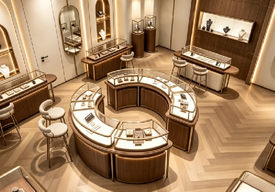Modern Curved Wooden Jewelry Boutique & Custom Showcase Solution