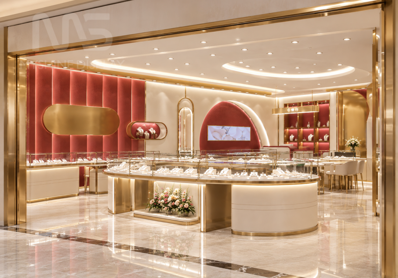 customized Curved Jewelry Store Display Counter Set