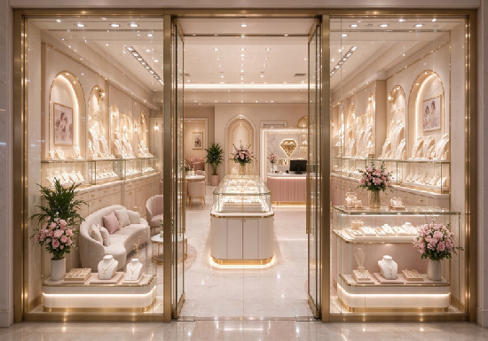 Blush Pink Luxury Jewelry Store Full Interior | Custom Jewellery Display Cabinets for US Boutique