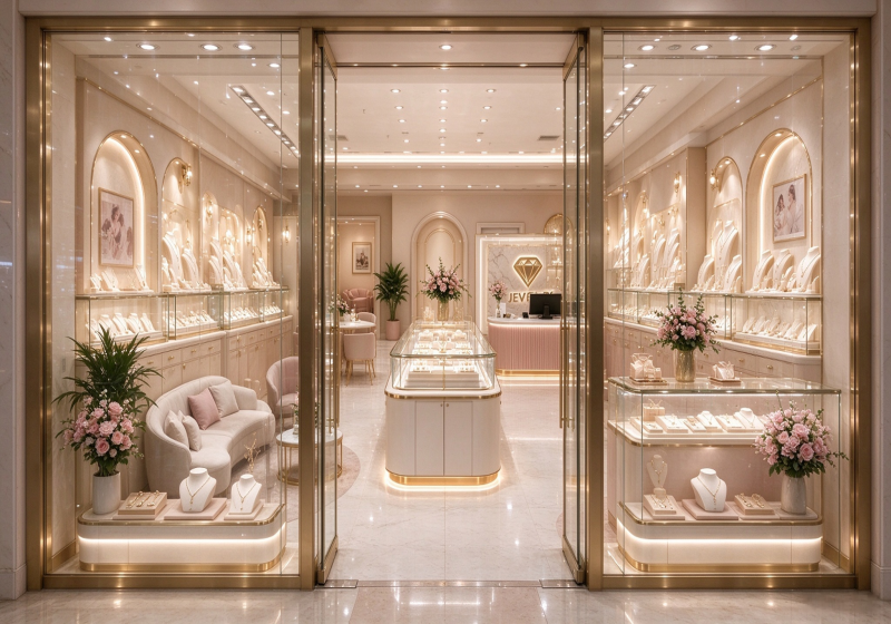 Blush Pink Luxury Jewelry Store Full Interior | Custom Jewellery Display Cabinets for US Boutique