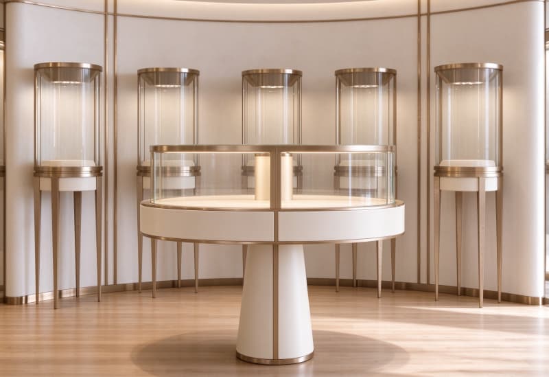 Elegant White Gold Round Jewelry Display Showcase