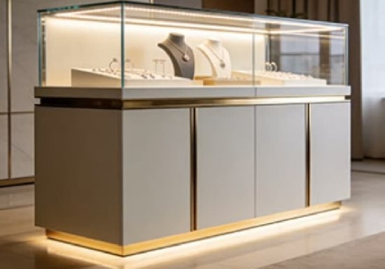 Modern Curved Gold Trim Jewelry Island Display Counter