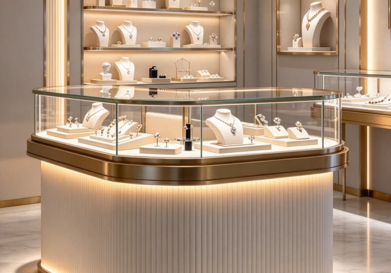 Curved Fluted Luxury Jewelry Island Display Counter Solution