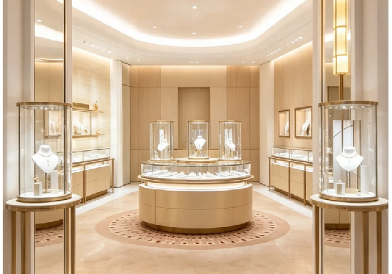Luxury Brushed Gold Circular & Cylinder Jewelry Display Cases