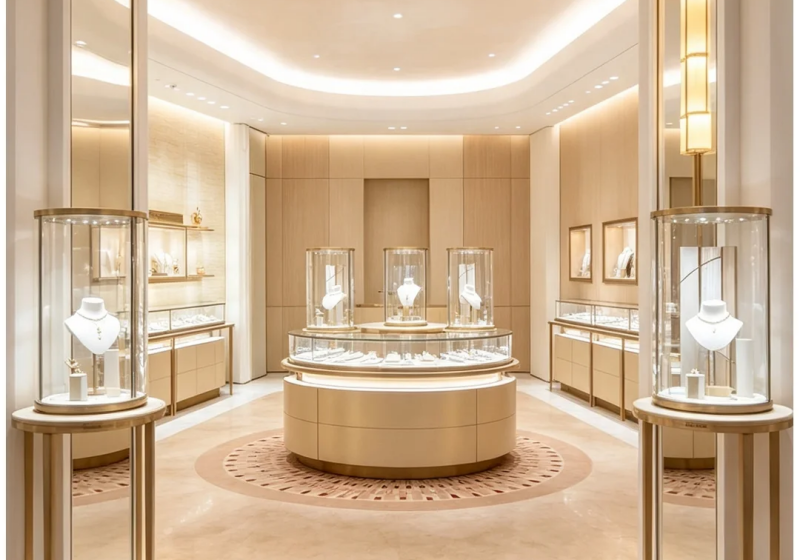 Luxury Brushed Gold Circular & Cylinder Jewelry Display Cases