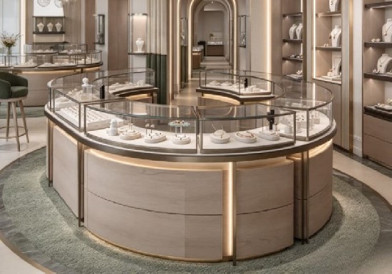 Grand Circular Curved Wood‑Tone Luxury Jewelry Central Kiosk Display Solution