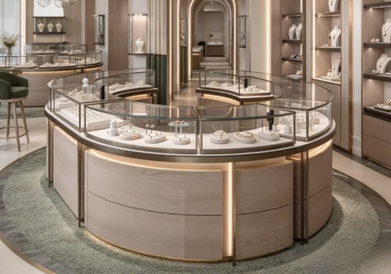 Grand Circular Curved Wood‑Tone Luxury Jewelry Central Kiosk Display Solution