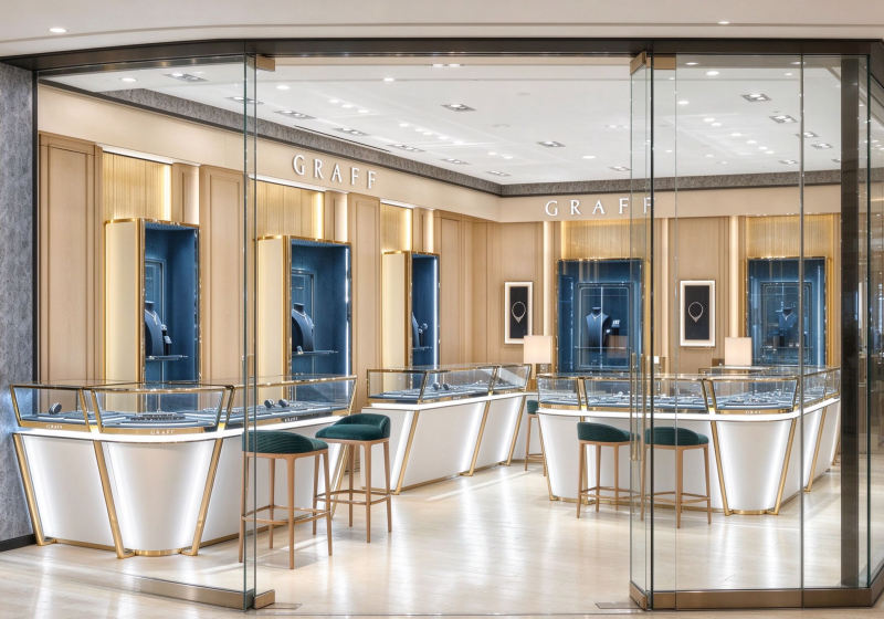 White Curved Counters & Navy Recessed Wall Vitrines